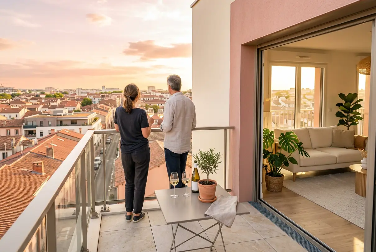 Couple sur le balcon d'un appartement neuf au coucher du soleil