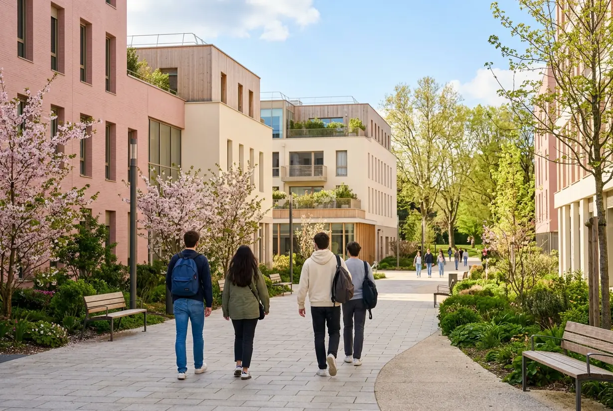 Étudiants traversant un campus universitaire