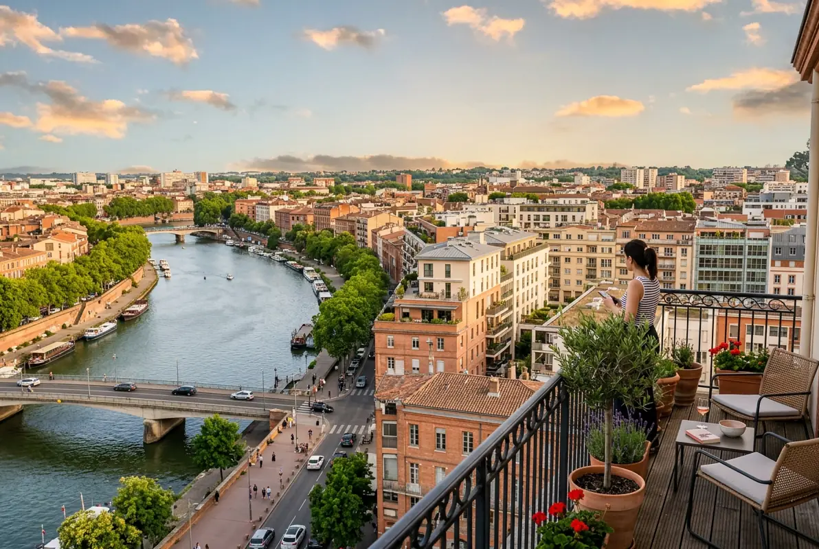 Vue d'une grande ville du Sud-Ouest aux façades de brique rose