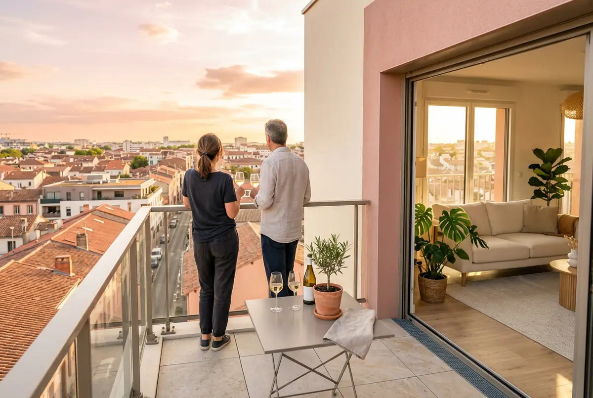 Couple sur le balcon d'un appartement neuf au coucher du soleil