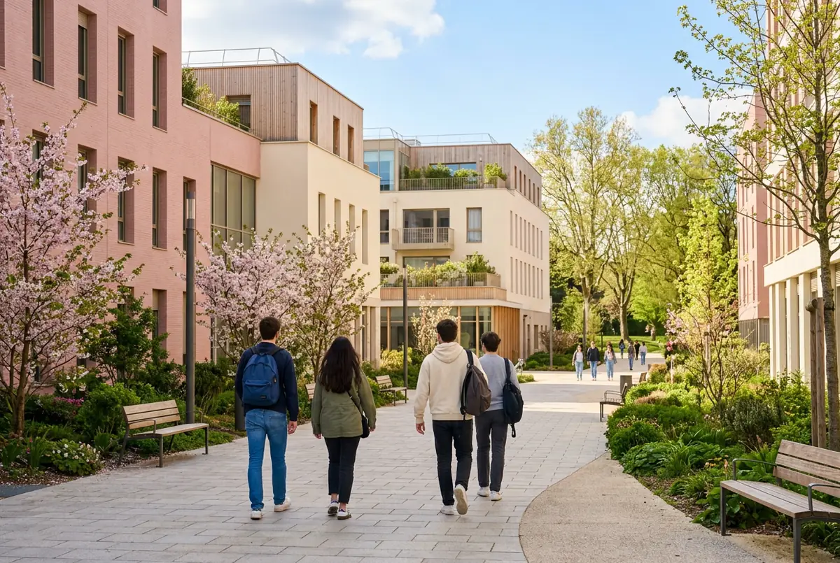 Étudiants traversant un campus universitaire