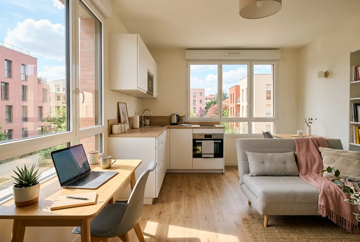 Studio neuf aménagé de façon compacte