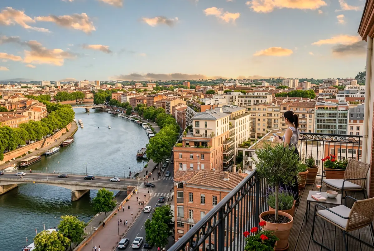 Vue d'une grande ville du Sud-Ouest aux façades de brique rose